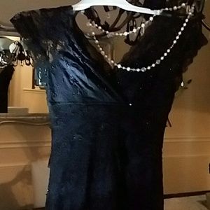 MARINA Petites Black Lace Beaded Dress LBD